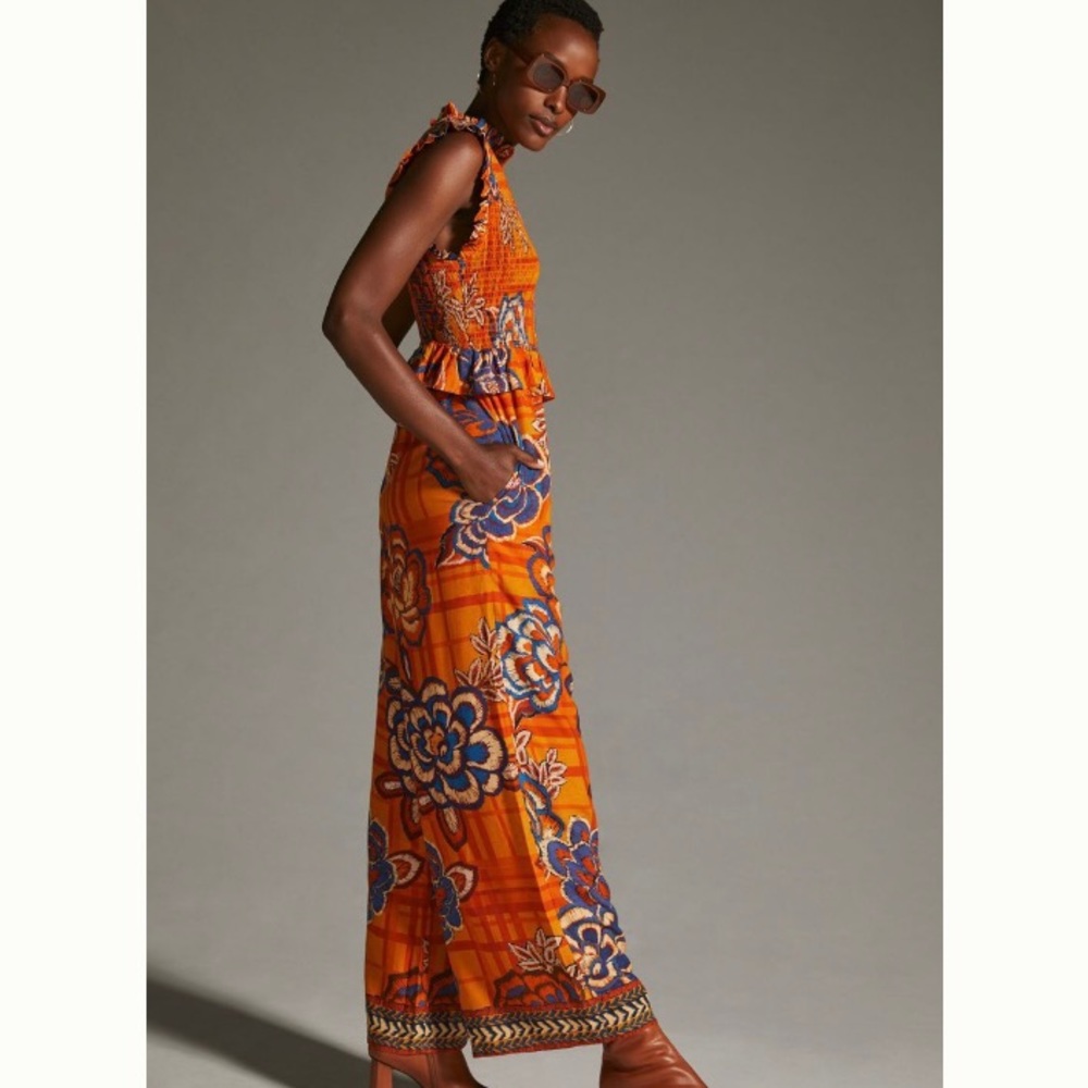 🌿|NWT| Farm x Anthropologie Smocked Wide Leg Jumpsuit - Picture 3 of 12